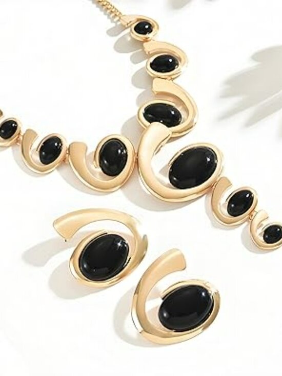 Gold & Black Boho Classy Chunky Jewelry Set Vintage Pendant Necklace Stackable - Picture 3 of 5